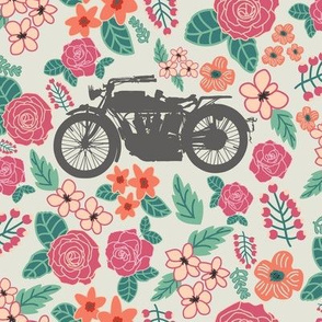 Vintage Motorcycle on Carnation & Cranberry Floral // Large