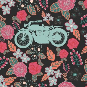 Vintage Motorcycle on Pink & Burnt Sienna Floral // Large