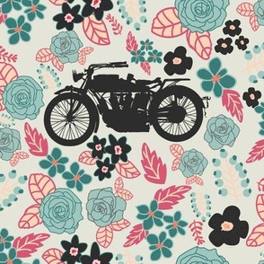 Vintage Motorcycle on Cabaret & Shadow Green Floral // Large