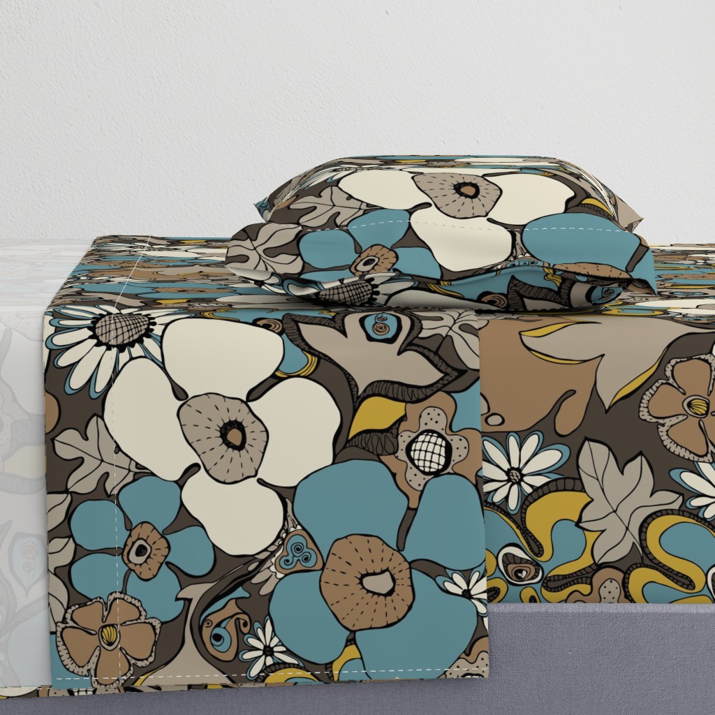 Floral Doodles in blue brown beige mustard