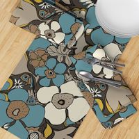 Floral Doodles in blue brown beige mustard