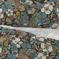 Floral Doodles in blue brown beige mustard