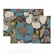 Floral Doodles in blue brown beige mustard