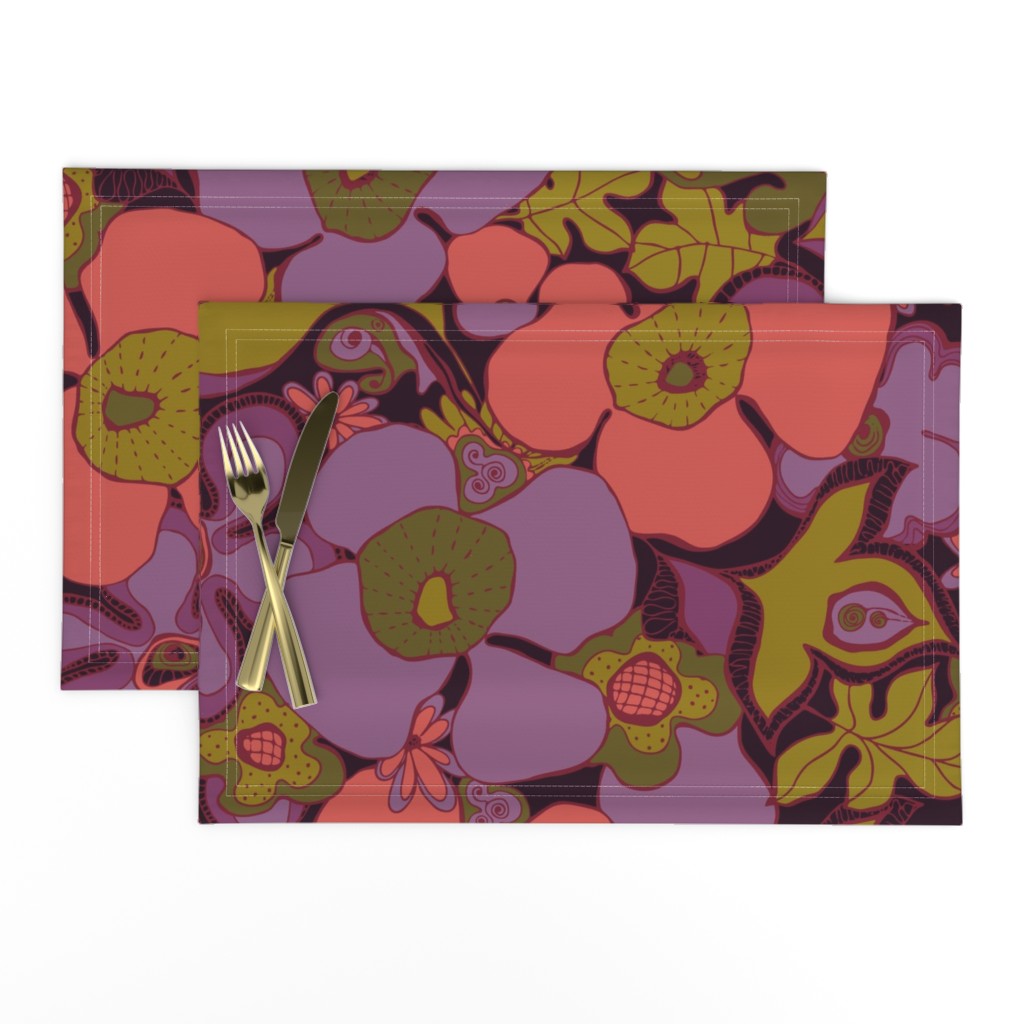 Floral Doodles in purple coral olive