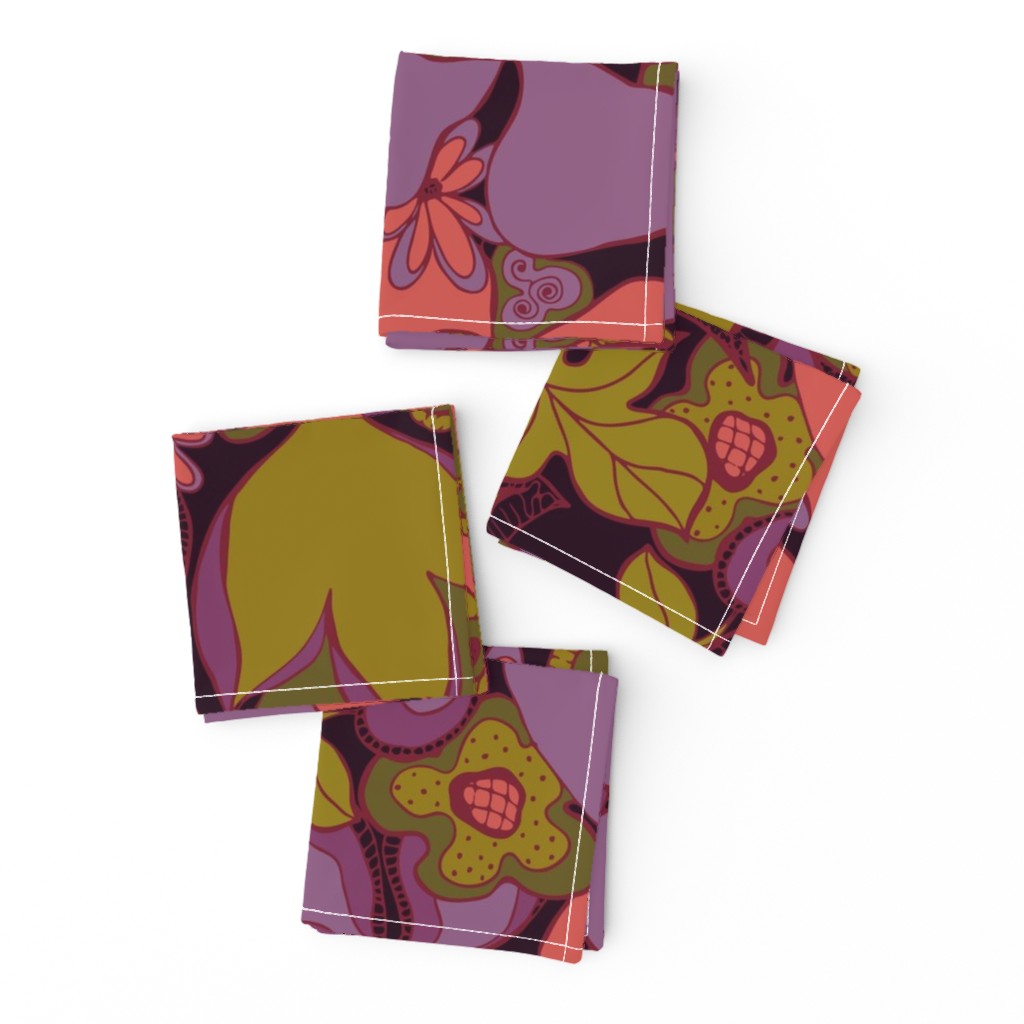 Floral Doodles in purple coral olive