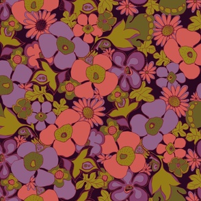 Floral Doodles in purple coral olive