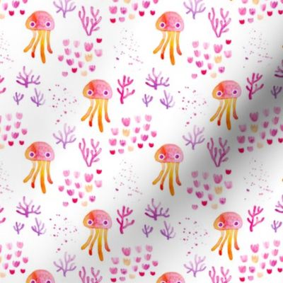 watercolor under water ocean life jelly fish and coral squid pink orange white SMALL