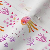 watercolor under water ocean life jelly fish and coral squid pink orange white SMALL