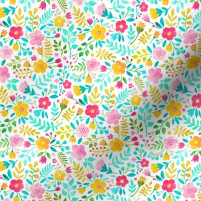 Watercolour Floral Doodle Pink Yellow Tiny Small