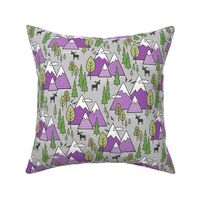 Mountains Forest Woodland Trees & Moose Purple on Grey