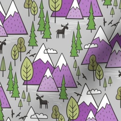 Mountains Forest Woodland Trees & Moose Purple on Grey