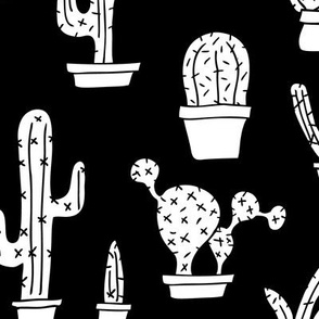 Black and white monochrome trendy summer cactus theme botanical garden gender neutral cacti and succulent garden botanical illustration print XL