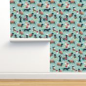 Normal scale // Hot dogs and lemonade // aqua background cute Dachshund sausage dogs 