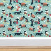 Normal scale // Hot dogs and lemonade // aqua background cute Dachshund sausage dogs 