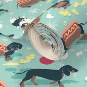 Normal scale // Hot dogs and lemonade // aqua background cute Dachshund sausage dogs 