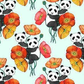 Poppies and Pandas on Mint - small