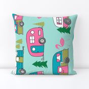 vintage camper (rotated)// mint and pink vintage campervan fabric cute retro flamingo pattern print andrea lauren design