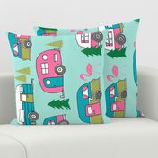 vintage camper (rotated)// mint and pink vintage campervan fabric cute retro flamingo pattern print andrea lauren design