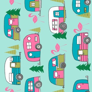 vintage camper (rotated)// mint and pink vintage campervan fabric cute retro flamingo pattern print andrea lauren design