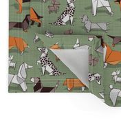 Small scale // Origami doggie friends // sage green linen texture background paper Chihuahuas Dachshunds Corgis Beagles German Shepherds Collies Poodles Terriers Dalmatians 