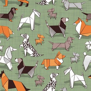 Small scale // Origami doggie friends // sage green linen texture background paper Chihuahuas Dachshunds Corgis Beagles German Shepherds Collies Poodles Terriers Dalmatians 