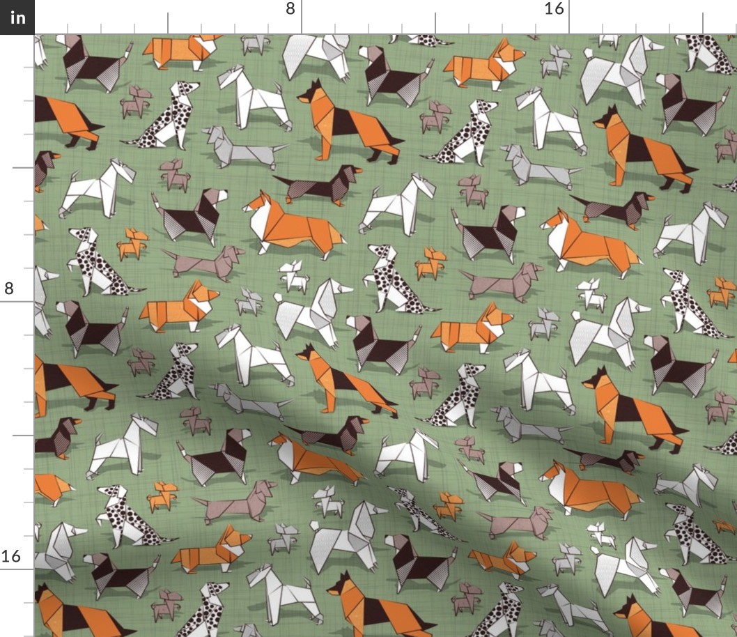 Small scale // Origami doggie friends // sage green linen texture background paper Chihuahuas Dachshunds Corgis Beagles German Shepherds Collies Poodles Terriers Dalmatians 