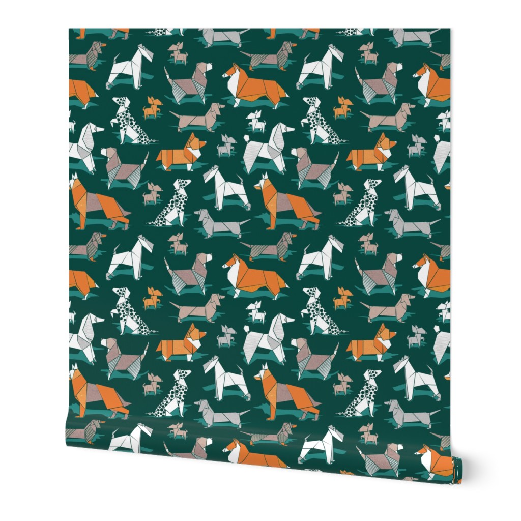 Small scale // Origami doggie friends // green background paper Chihuahuas Dachshunds Corgis Beagles German Shepherds Collies Poodles Terriers Dalmatians 