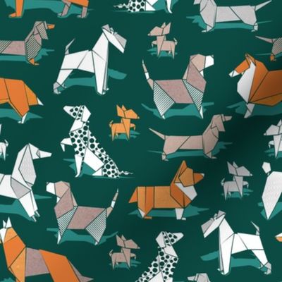 Small scale // Origami doggie friends // green background paper Chihuahuas Dachshunds Corgis Beagles German Shepherds Collies Poodles Terriers Dalmatians 