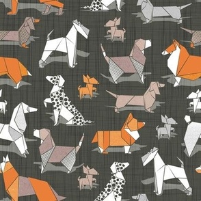 Small scale // Origami doggie friends // brown linen texture background paper Chihuahuas Dachshunds Corgis Beagles German Shepherds Collies Poodles Terriers Dalmatians 