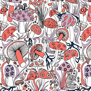 Mushrooms, Mushrooms, Mushrooms (Coral and Navy)