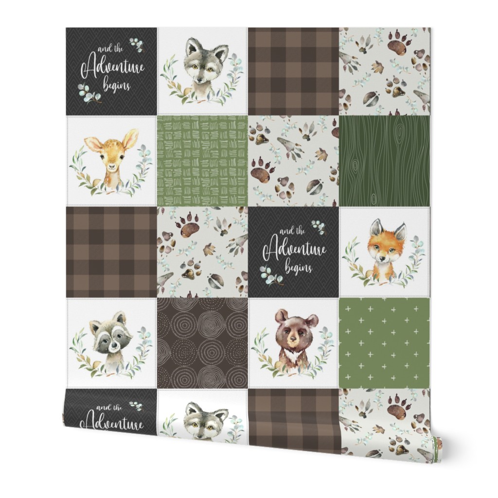 Woodland Animal Tracks Quilt Top – Brown + Green Patchwork Cheater Quilt, Style F