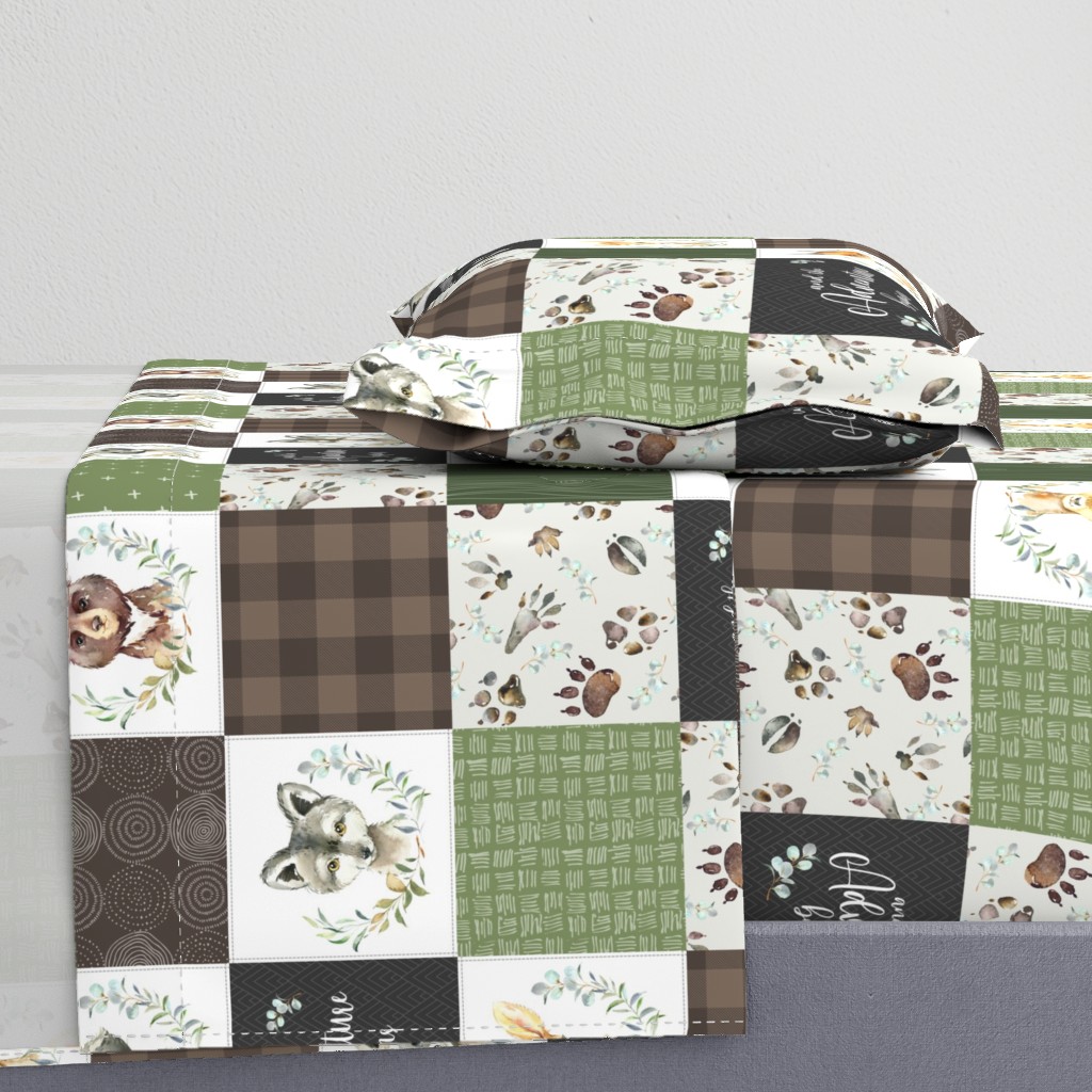 Woodland Animal Tracks Quilt Top – Brown + Green Patchwork Cheater Quilt, Style F