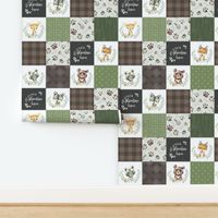 Woodland Animal Tracks Quilt Top – Brown + Green Patchwork Cheater Quilt, Style F