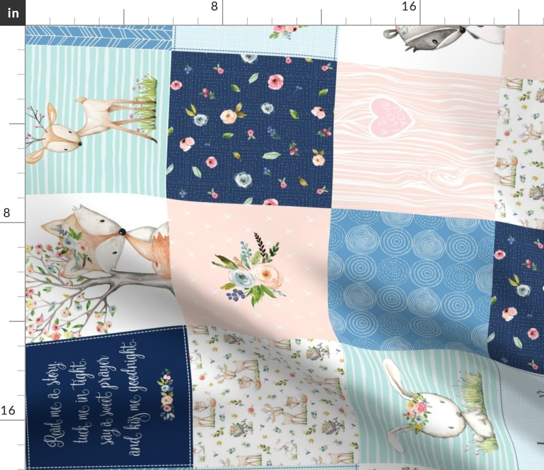Woodland Friends Nursery Patchwork Quilt (rotated)- I Woke Up This Cute Wholecloth Deer Fox Raccoon Bunny (Navy Pink) GingerLous