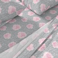 Shabby Chic Painted Roses on  gray with white French script-ch-ch-ch