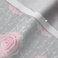 Shabby Chic Painted Roses on Summer Taupe with white French script-ch-ch-ch-ch