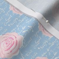 Shabby Chic Painted Roses on blue with white French script-ch-ch-ch-ch-ch-ch