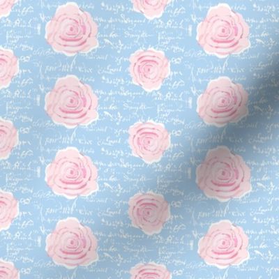 Shabby Chic Painted Roses on blue with white French script-ch-ch-ch-ch-ch-ch