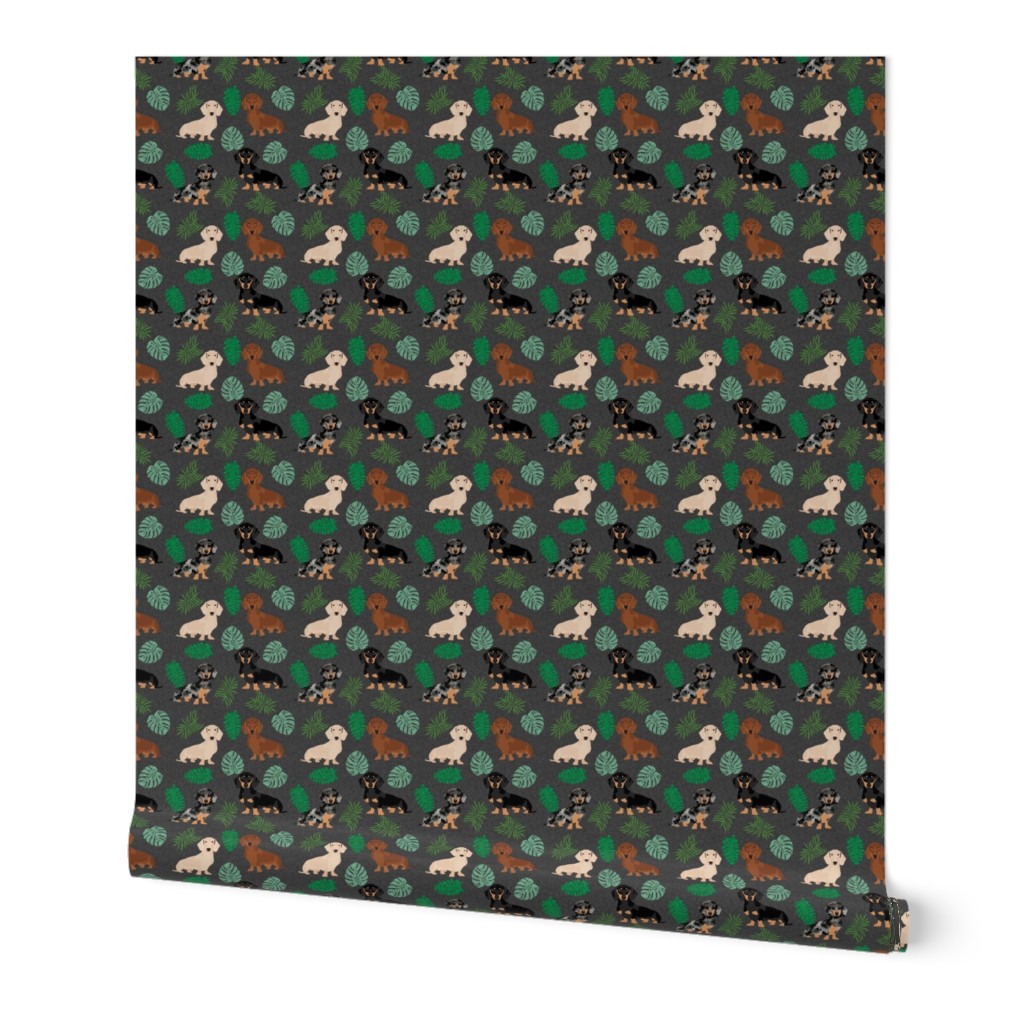 dachshund tropical monstera leaves dog breed fabric dark