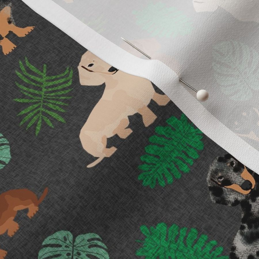 dachshund tropical monstera leaves dog breed fabric dark