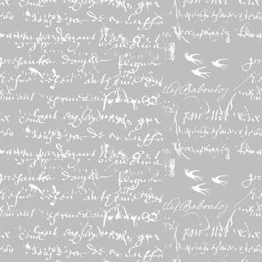 White French script with birds on gray