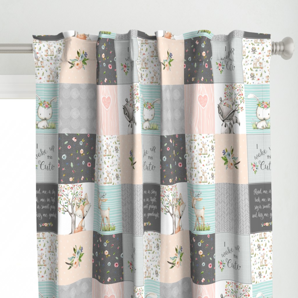 Woodland Friends Nursery Patchwork Quilt - I Woke Up This Cute Wholecloth Deer Fox Raccoon Bunny (Grey Blush) GingerLous