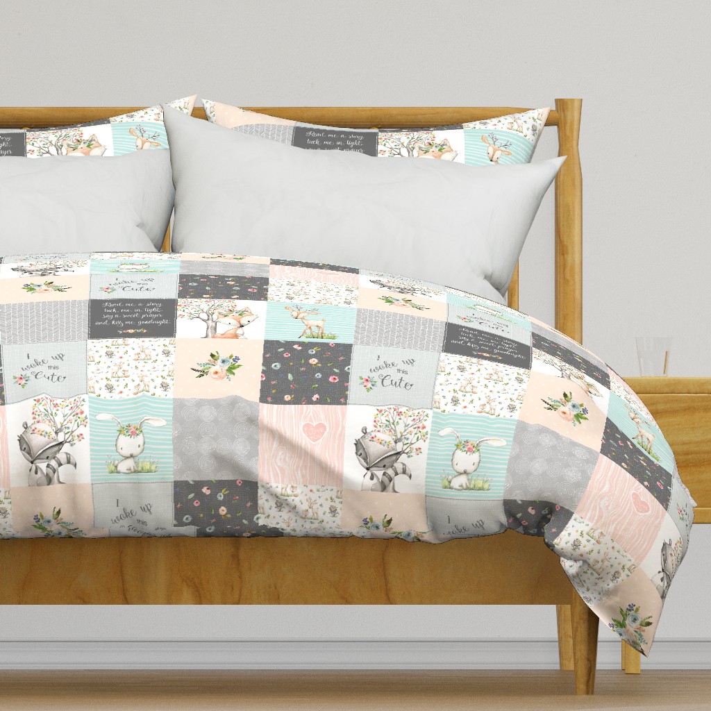 Woodland Friends Nursery Patchwork Quilt - I Woke Up This Cute Wholecloth Deer Fox Raccoon Bunny (Grey Blush) GingerLous