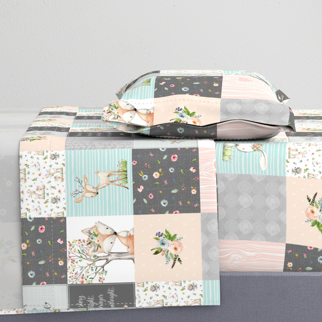 Woodland Friends Nursery Patchwork Quilt - I Woke Up This Cute Wholecloth Deer Fox Raccoon Bunny (Grey Blush) GingerLous