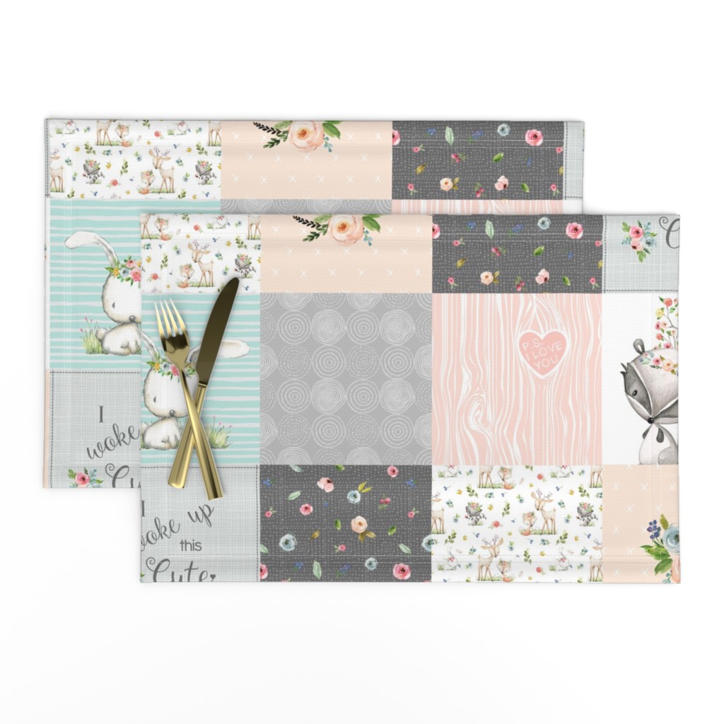 Woodland Friends Nursery Patchwork Quilt - I Woke Up This Cute Wholecloth Deer Fox Raccoon Bunny (Grey Blush) GingerLous