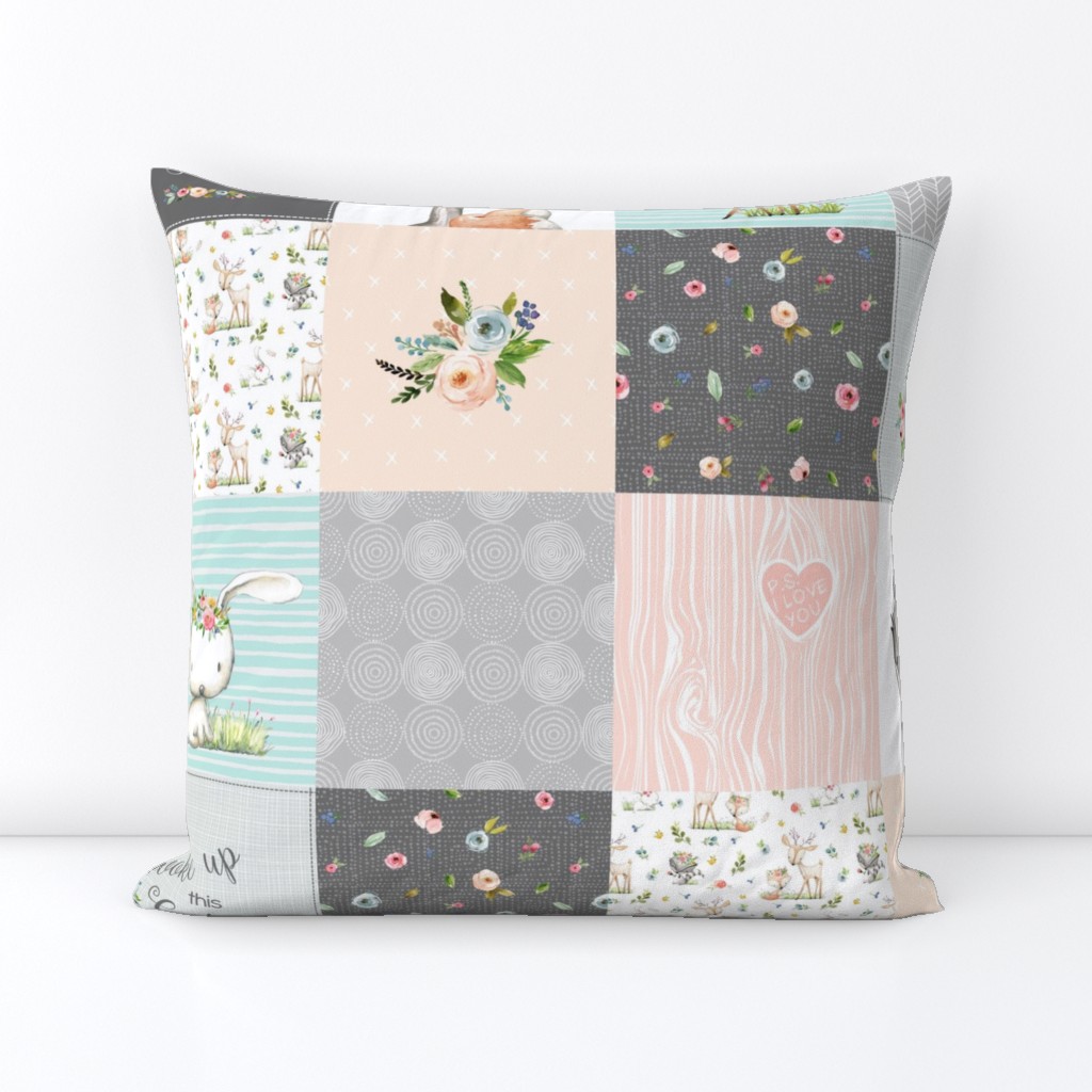 Woodland Friends Nursery Patchwork Quilt - I Woke Up This Cute Wholecloth Deer Fox Raccoon Bunny (Grey Blush) GingerLous