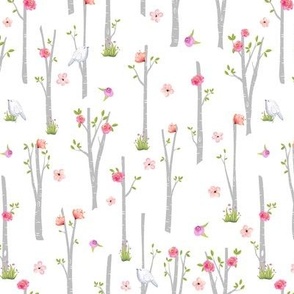 Grey Birch Trees w/ Flowers + Birds, pink + coral flowers - SMALLER