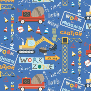 construction work vehicles on blue background