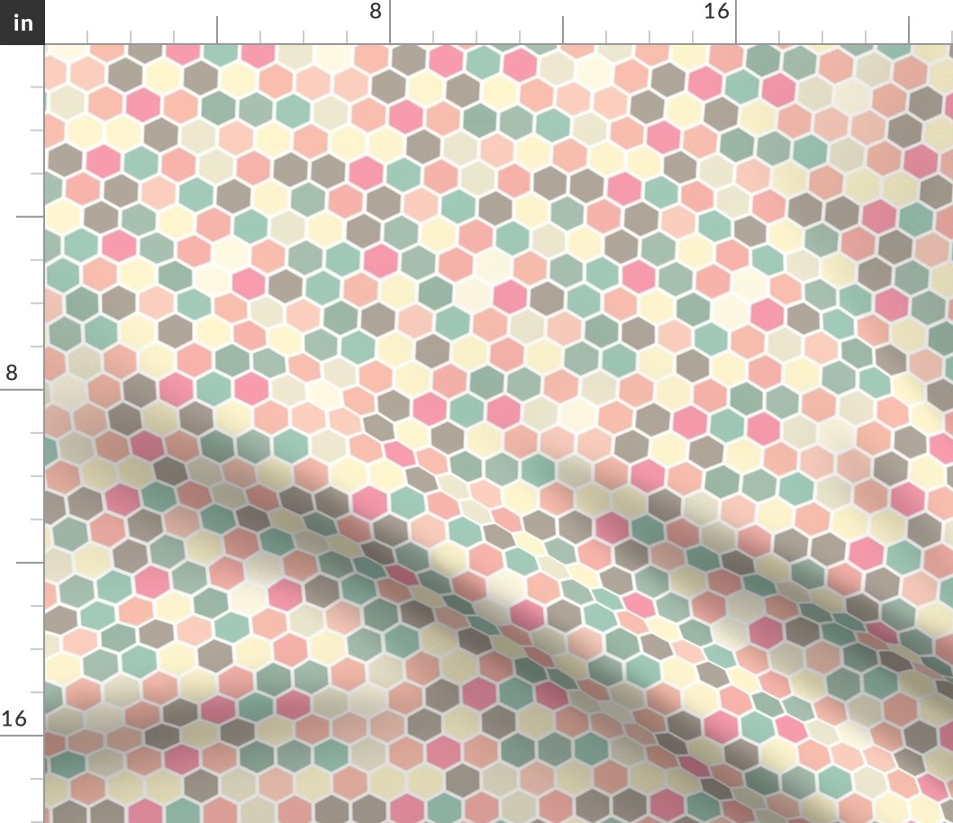 18-07T Hexagon Pastel yellow taupe blush pink peach coral tan teal green white hexagon hexie dots spots _ miss chiff Designs