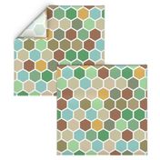 18-07E Hexagon Autumn tan green aqua olive brown white 